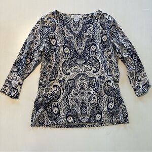 Liz Claiborne Petite Medium Blouse Paisley Navy Cream 3/4 Sleeve 100% cotton